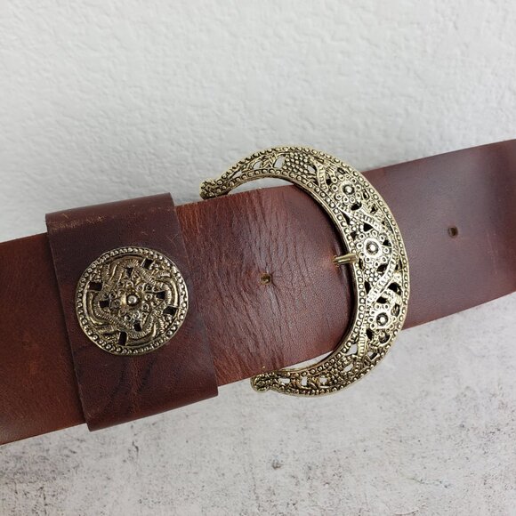 Vintage The RITZ Wide Leather Belt Brown Engraved Buckle Boho Western Whimsigoth - Picture 7 of 8